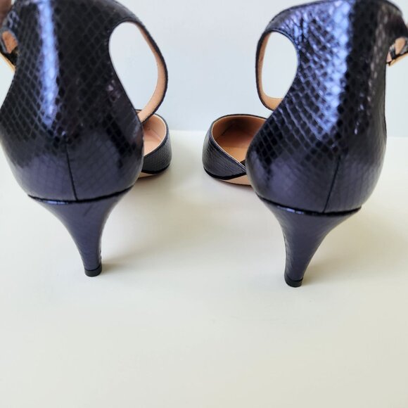 J Crew Collection Pointed-Toe Kitten Heels Metallic Navy Snake Ankle Strap 8.5 - Picture 4 of 11